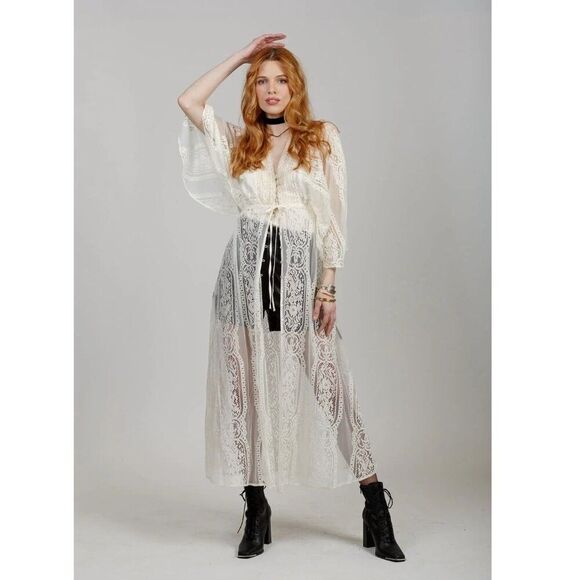 Band Of The Free Tops - Band of the Free Lace Kimono Boho Duster Ivory Sheer Maxi Festival Beach Coverup